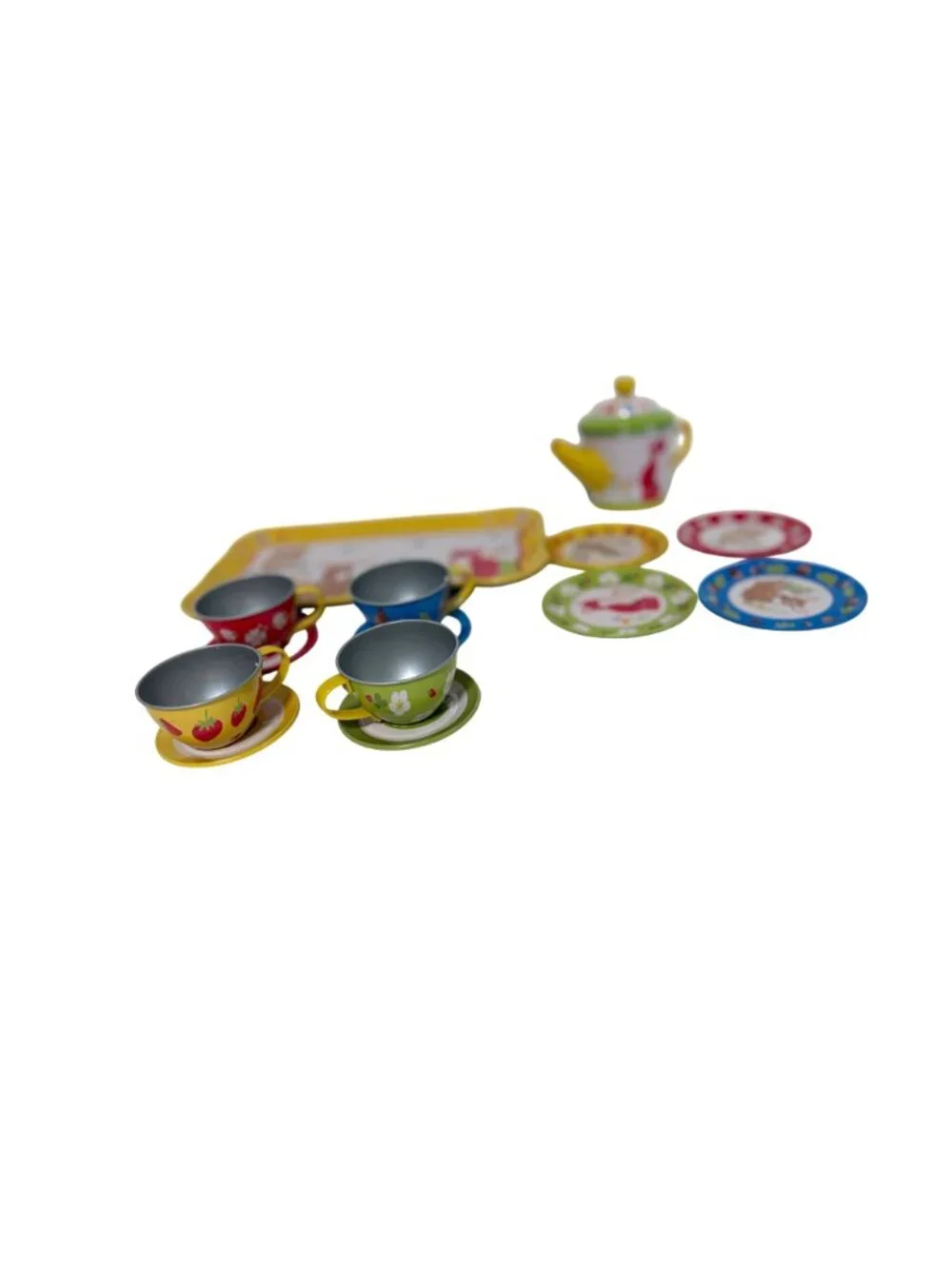 Metal Child Play Teaset 14 piece Multicolor floral Tray Teapot 4 cup Saucers 4 d